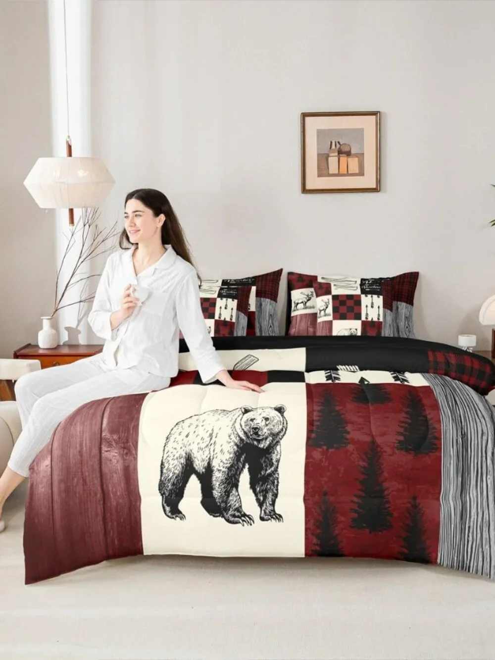 Country Rustic Twin Comforter Set 7 Piece,Farmhouse Plaid Checkered Bedding with